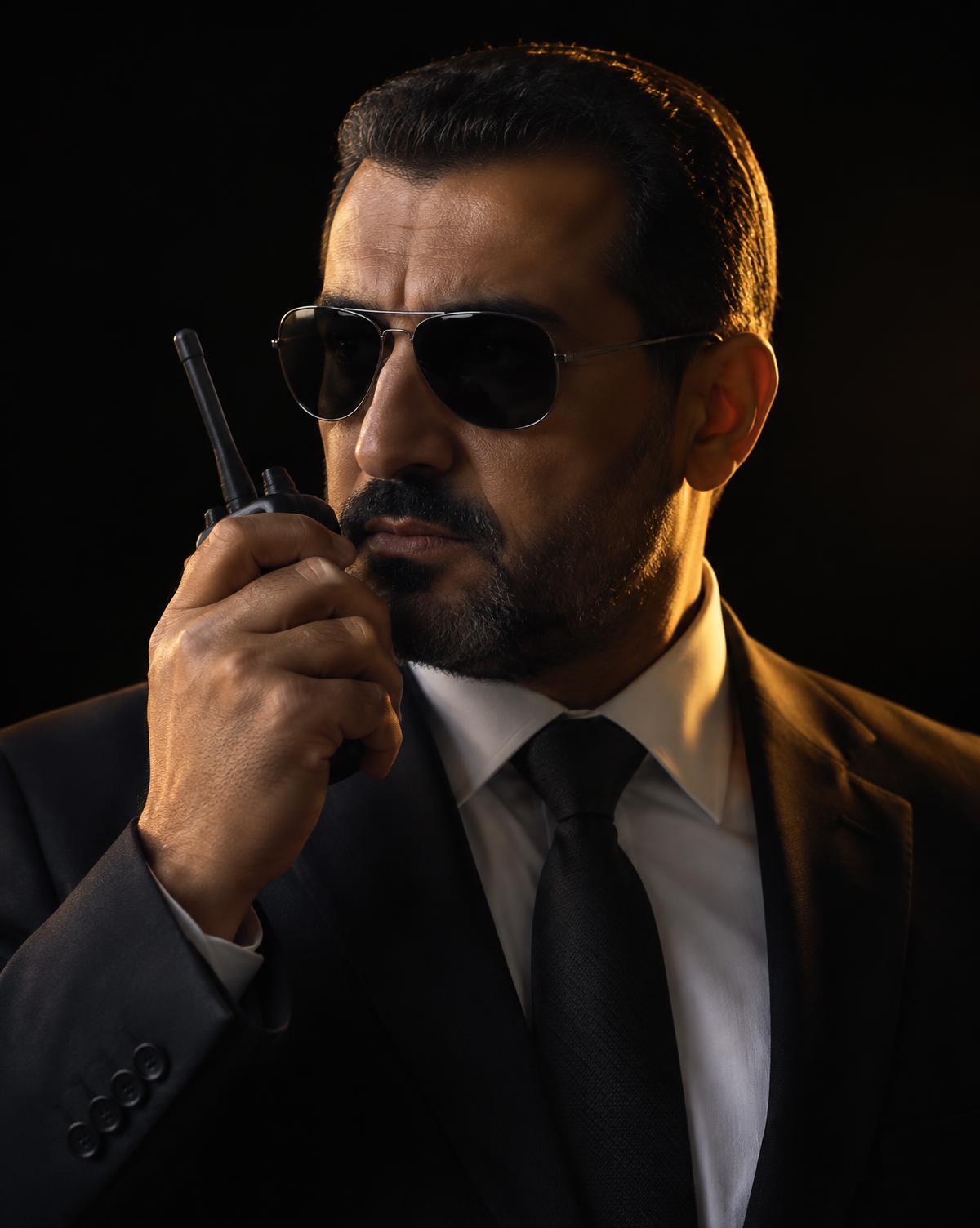 Bodyguard talking on radio